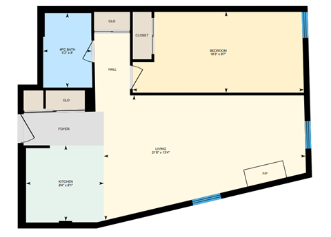 Floor plan for 1 bed, 1 bath, 809 sqft
